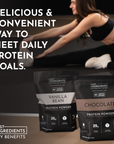 Two protein powder bags labeled "Vanilla Bean" and "Chocolate," each containing 25g of protein.