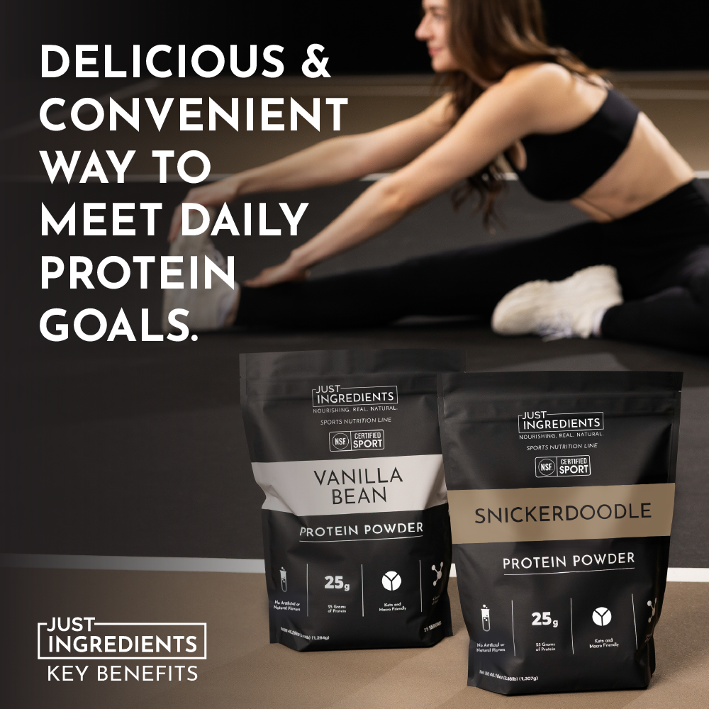 Two protein powder bags labeled "Vanilla Bean" and "Snickerdoodle" on a gym floor with a person stretching in the background.