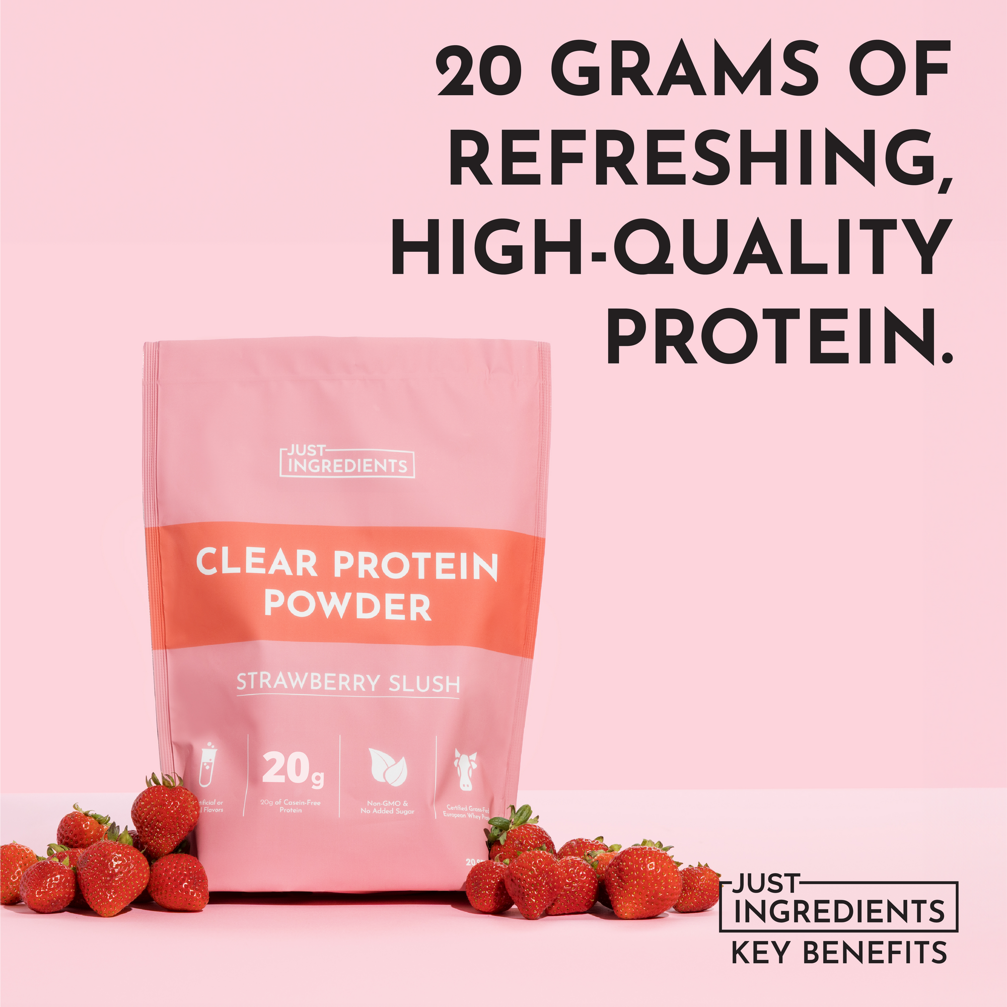 Pink packaging of Strawberry Slush Clear Protein Powder with strawberries in front, featuring 20 grams of protein.