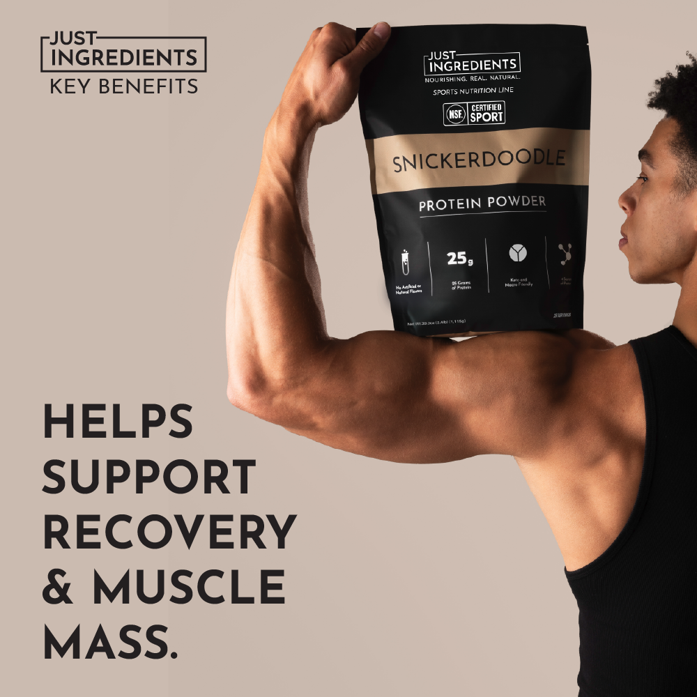 A person holds a bag of Snickerdoodle protein powder, showcasing the product's label and nutritional information.