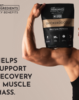 A person holds a bag of Snickerdoodle protein powder, showcasing the product's label and nutritional information.