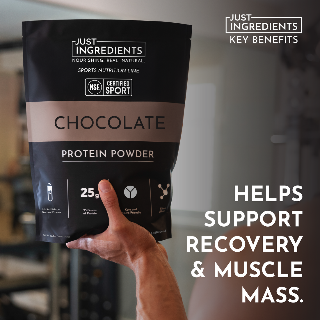 Hand holding a Chocolate Protein Powder bag showing certifications and nutrition highlights.