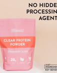 Pink packaging of Strawberry Slush Clear Protein Powder with 20g protein and key benefits listed.