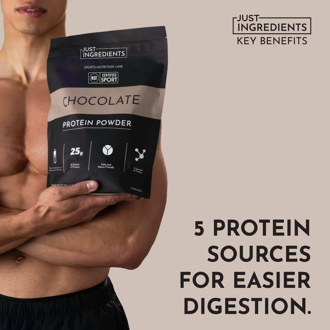 Close‑up of a person holding a Chocolate Protein Powder bag with a clear nutrition facts panel.