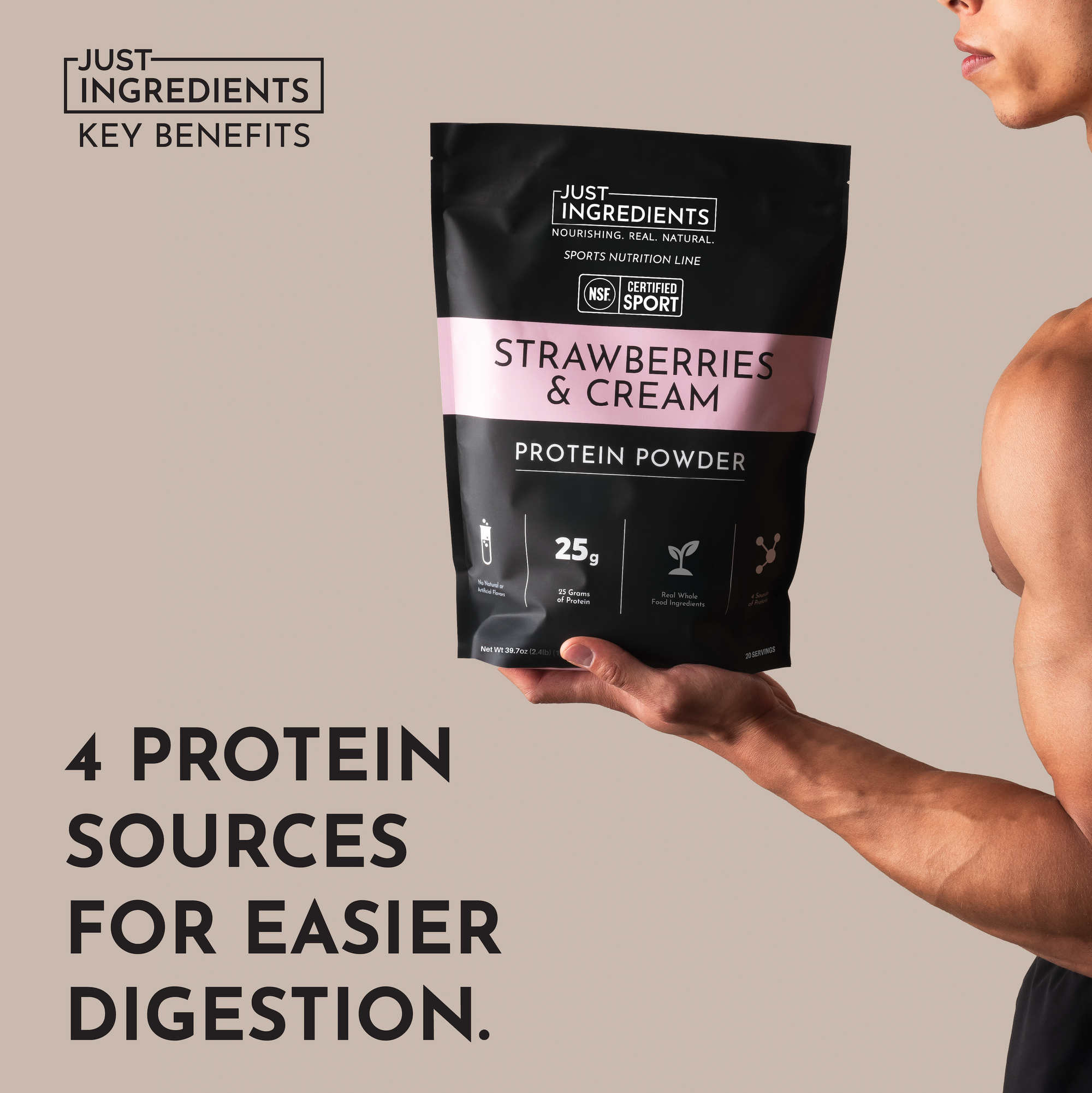 Black protein powder bag labeled "Strawberries &amp; Cream" with 25g protein, held by a person.
