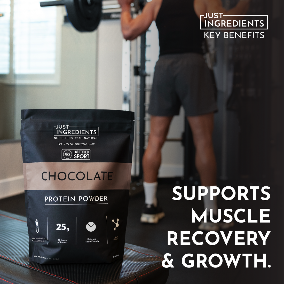 Chocolate Protein Powder bag displayed in a gym setting with a person exercising in the background.
