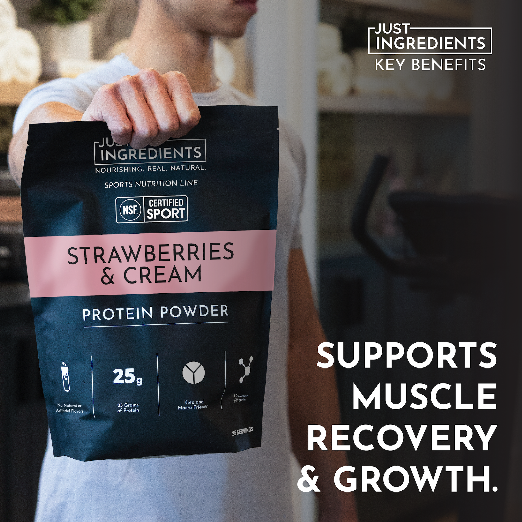 Black protein powder bag labeled "Strawberries &amp; Cream Protein Powder" held by a person, with nutritional details visible.