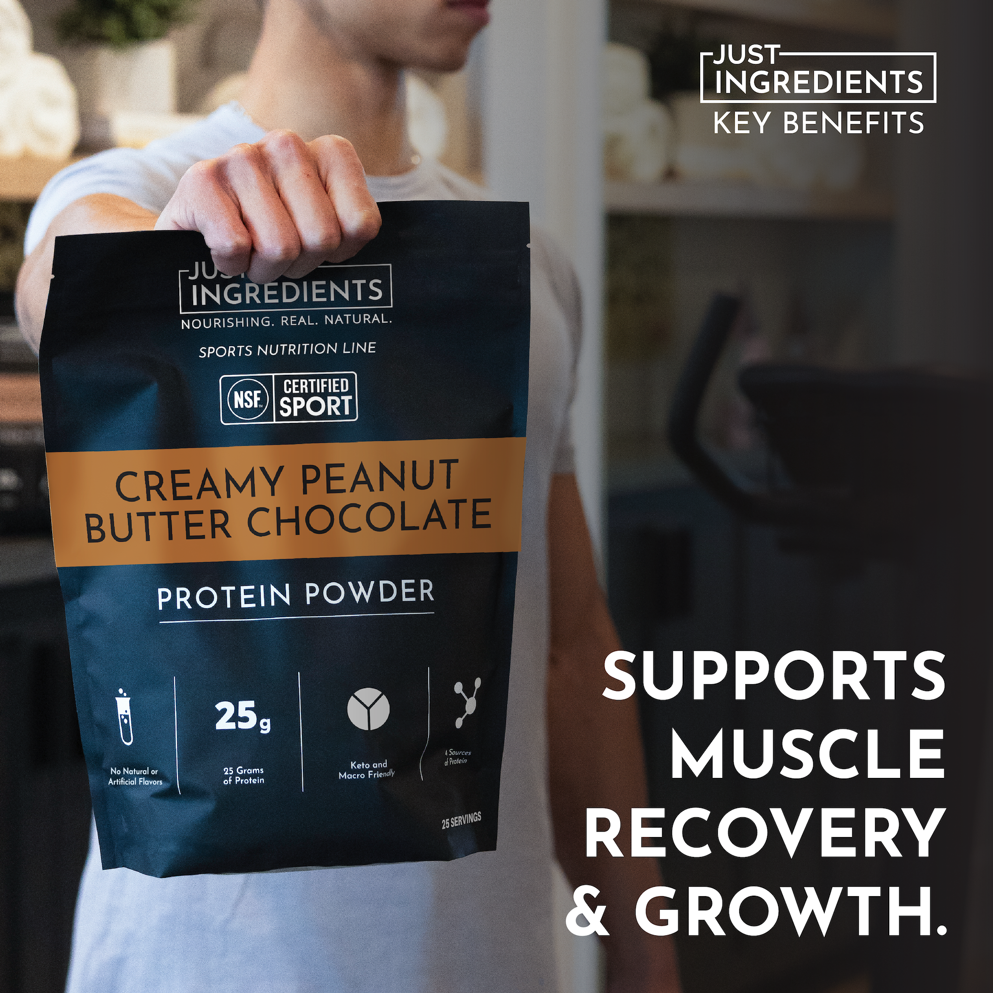 A person holds a black protein powder bag labeled "Creamy Peanut Butter Chocolate" with nutritional details visible.