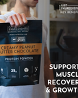 A person holds a black protein powder bag labeled "Creamy Peanut Butter Chocolate" with nutritional details visible.