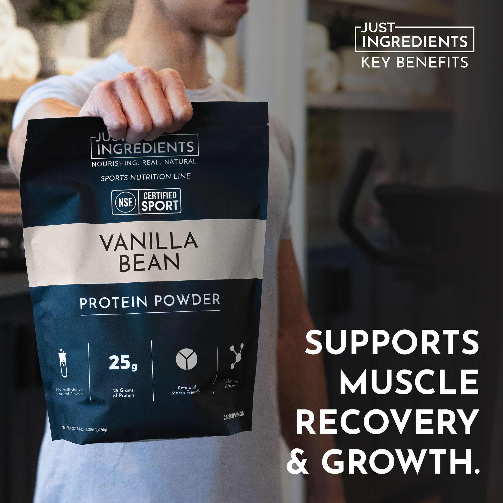 A person holds a bag of Vanilla Bean Protein Powder with nutritional information and certifications displayed on the front.