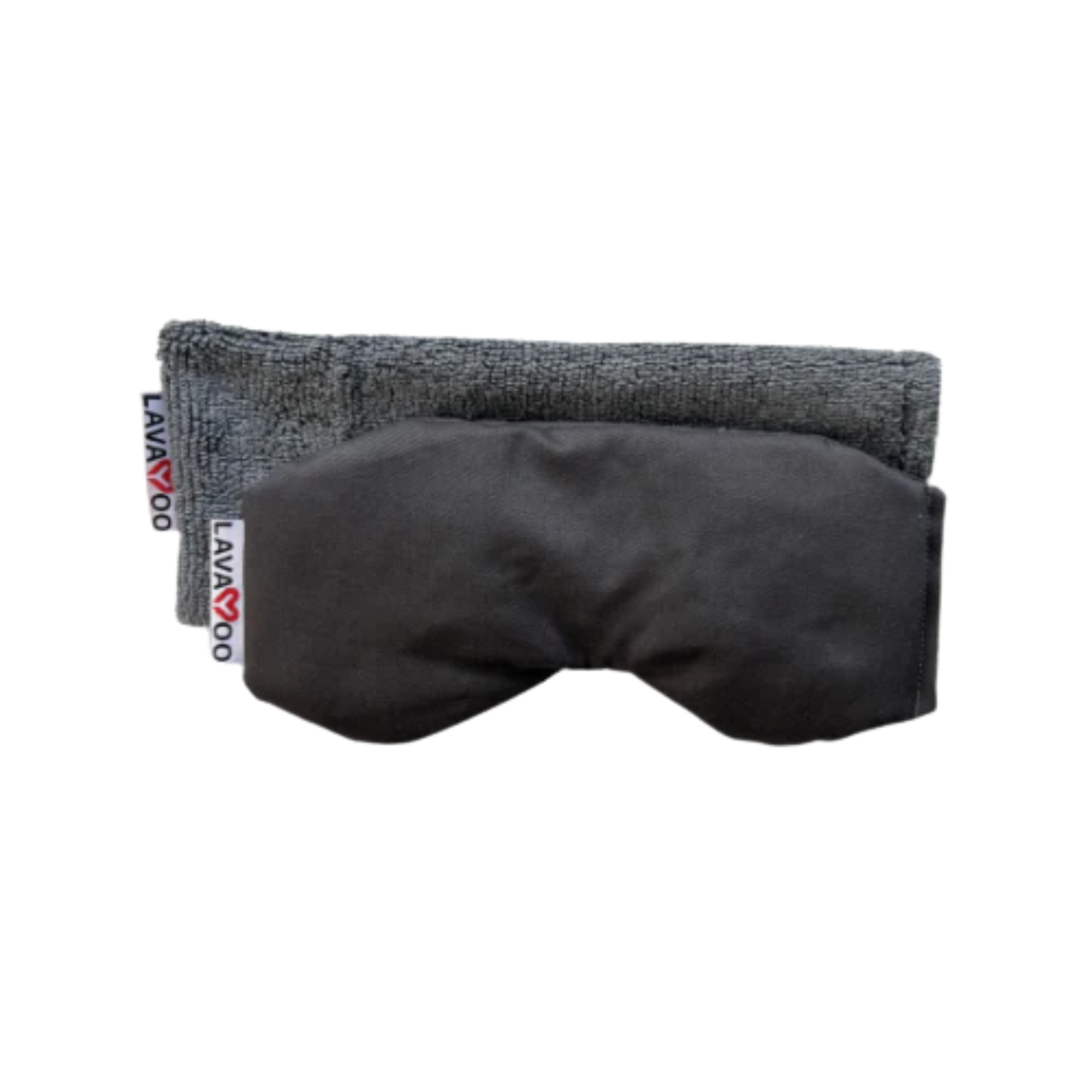 Moist heat eye mask in dark gray with a matching gray towel, both featuring LAVAYOO branding.