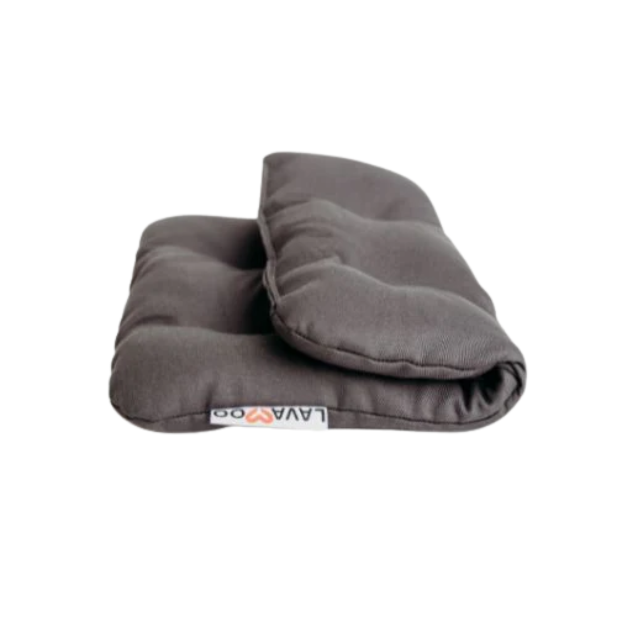 Gray padded heat and cool pad with a folded design and a label on the side.