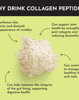 Collagen peptides powder with text highlighting benefits for skin, joints, gut health, hair, and nails.
