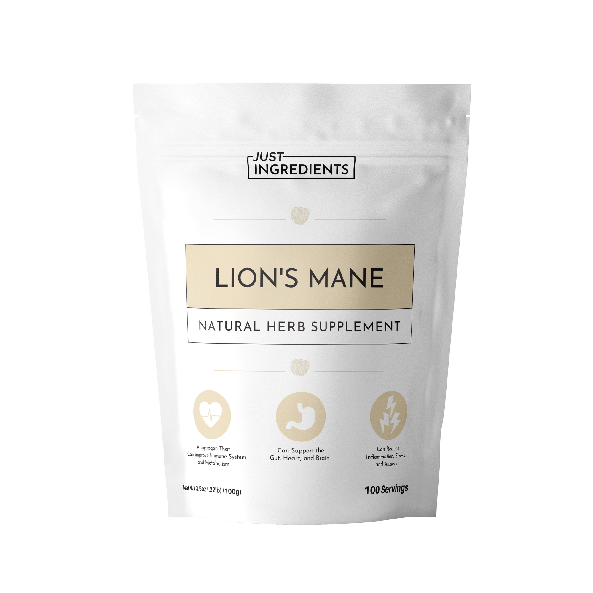 White pouch containing "Lion's Mane" natural herb supplement with 100 servings and health benefit icons.