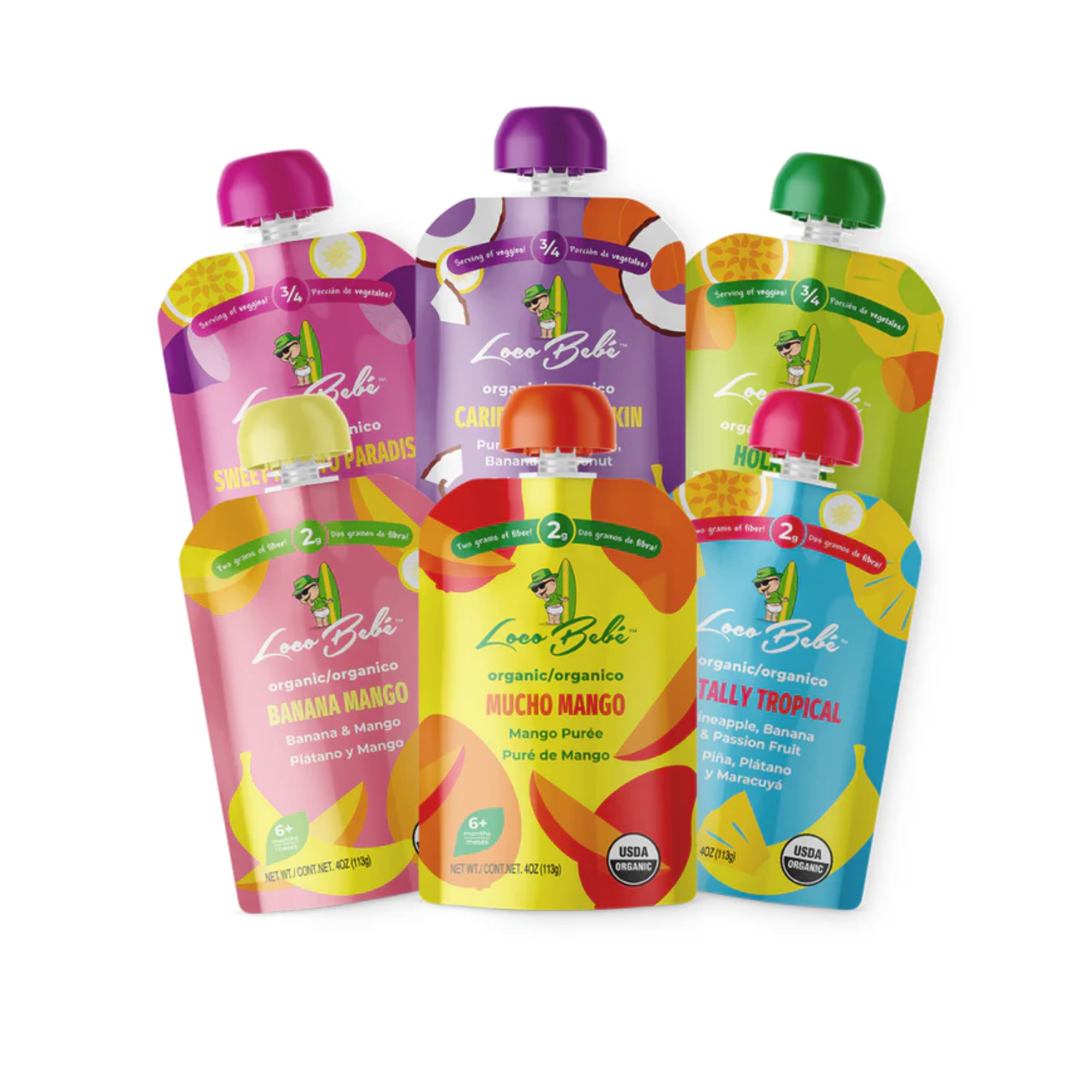 Five colorful organic fruit pouches with various flavors, including mango and banana, each with a resealable cap.