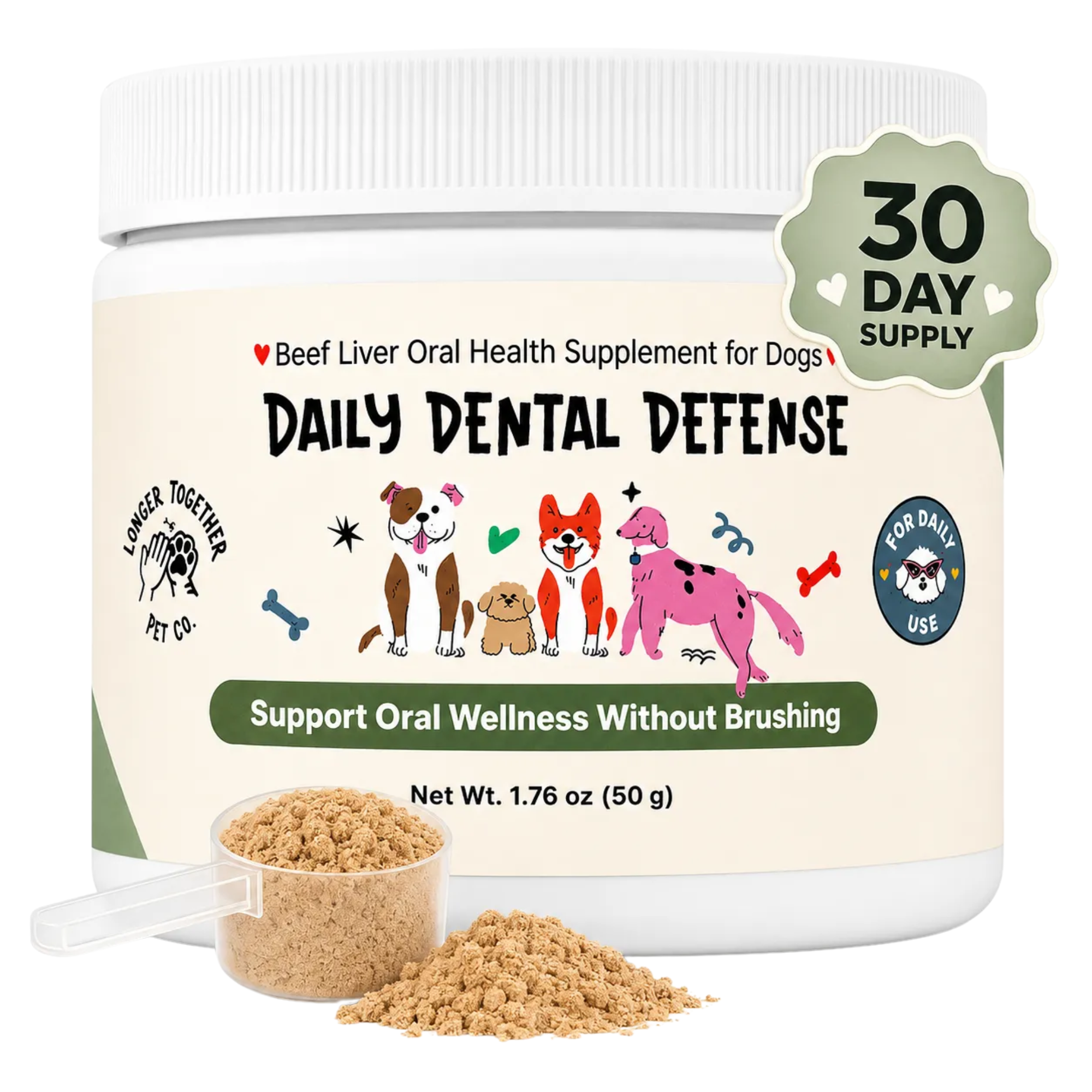 A white plastic jar of 'Beef Liver Oral Health Supplement for Dogs' labeled 'DAILY DENTAL DEFENSE' by 'Lancer Together Pet Co'. The jar is shown with a scoop and piles of the light brown powder in front, on a clean white background with a green '30 DAY SUPPLY' badge overlay.