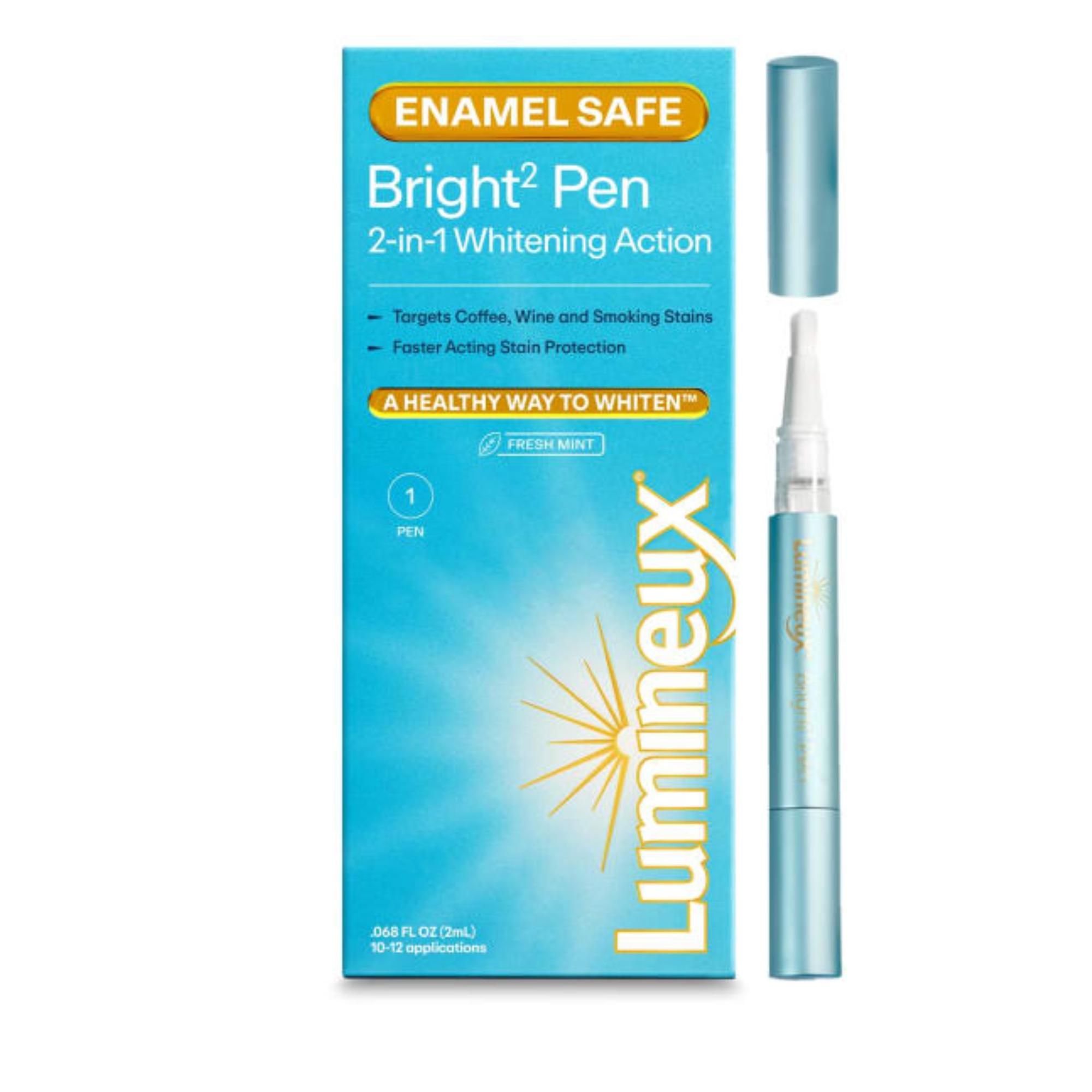 Whitening pen with a blue and white packaging, featuring a twist cap and applicator tip for targeted use.