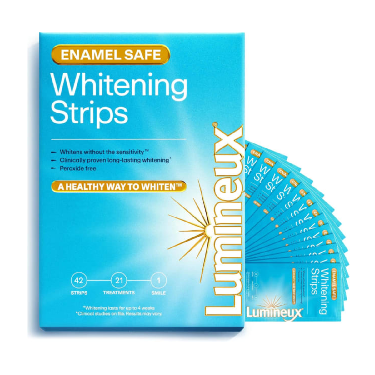 Blue packaging of Lumineux Whitening Strips with 42 strips and details about treatments and whitening benefits.