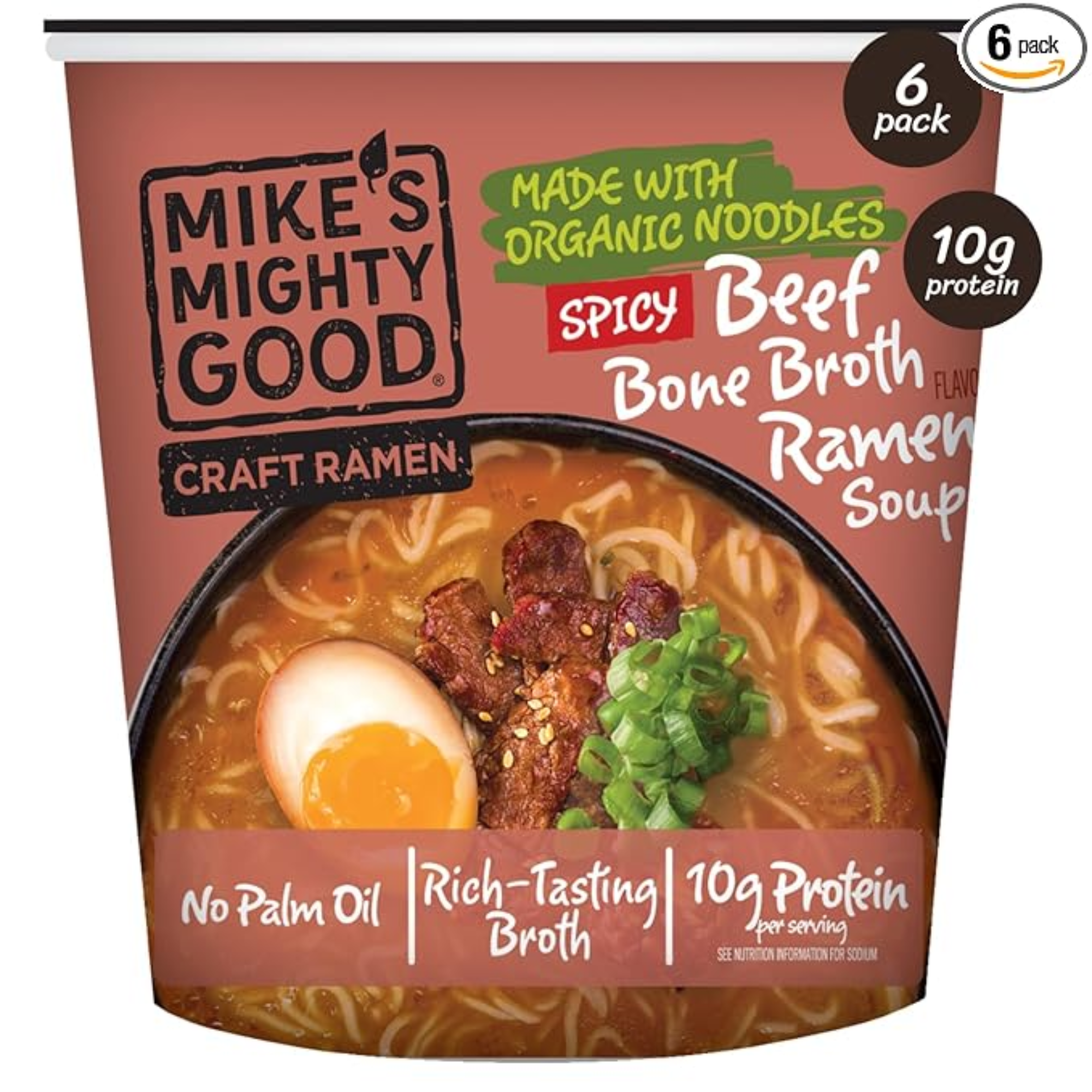 Ramen cup featuring spicy beef bone broth, organic noodles, egg, and green onions, packaged in a six-pack.