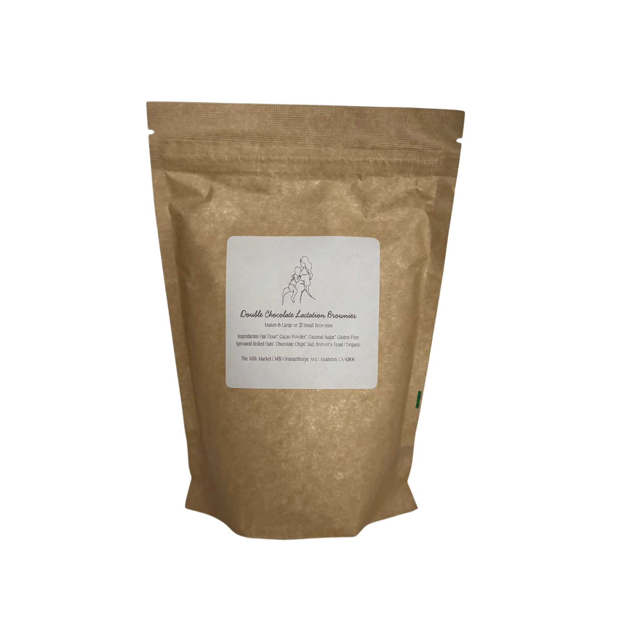 Brown paper bag with a white label detailing "Double Chocolate Lactation Brownies" and ingredients.
