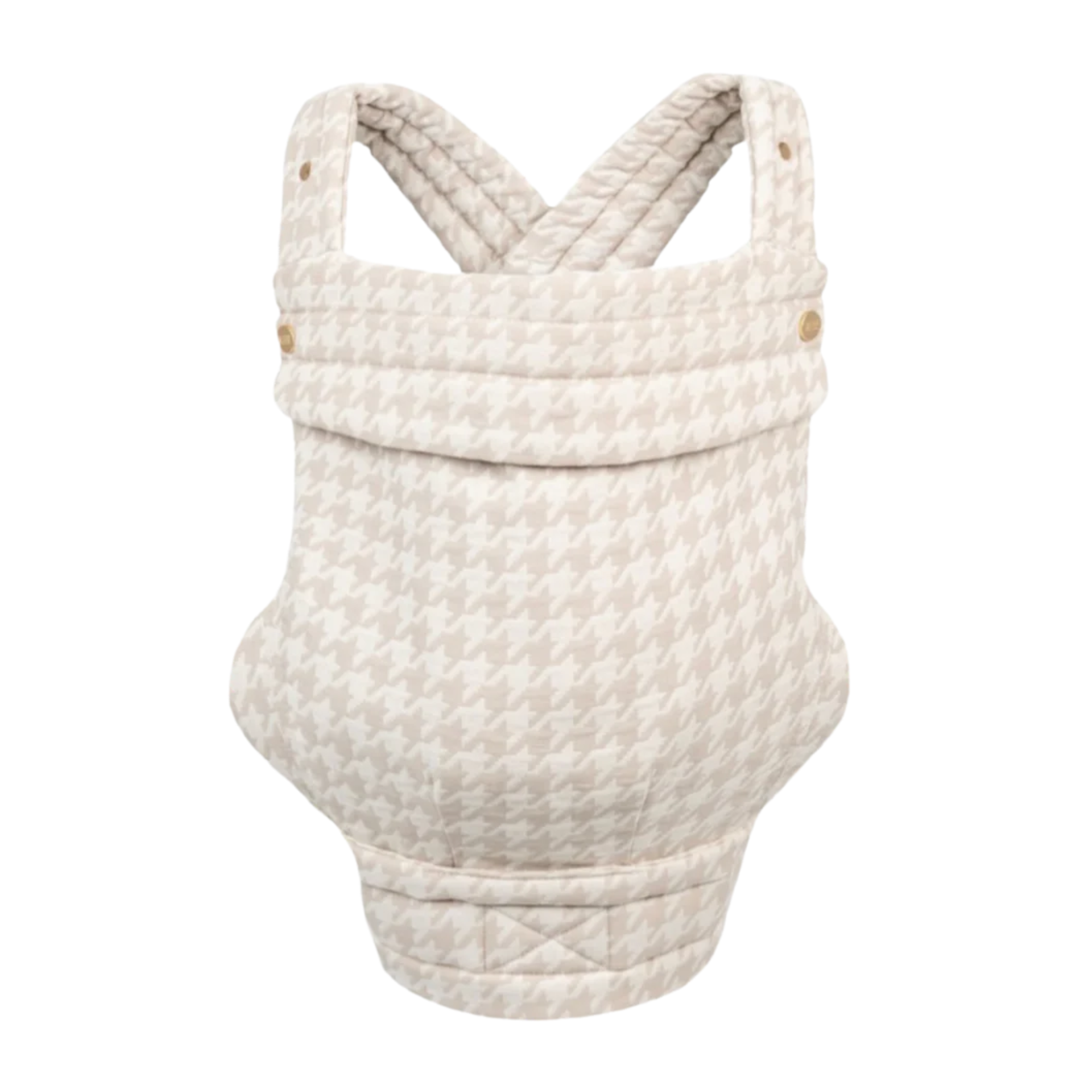 Quilted baby carrier in a light beige houndstooth pattern with cross-back straps and button details.