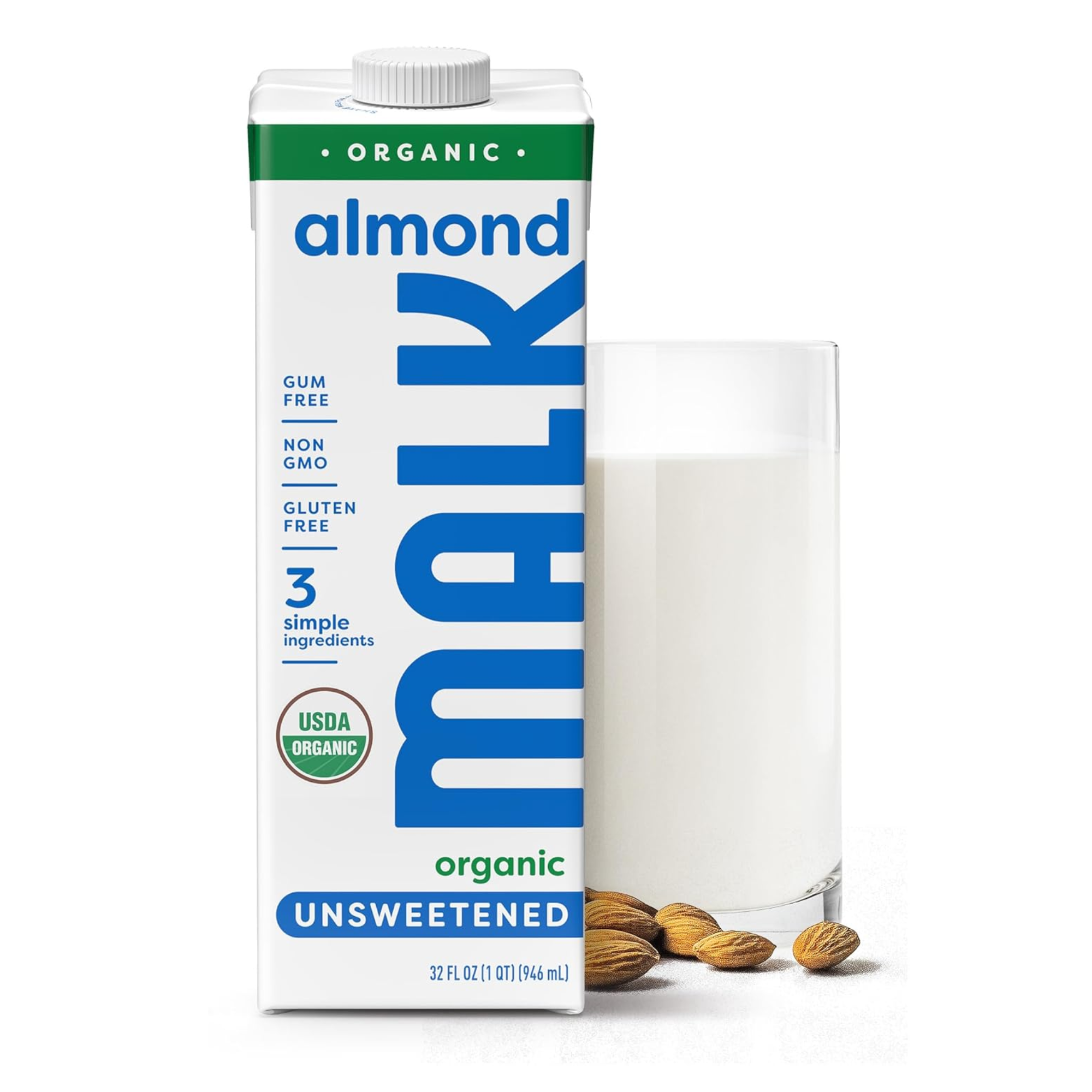 Carton of unsweetened organic almond milk next to a glass of milk and scattered almonds.