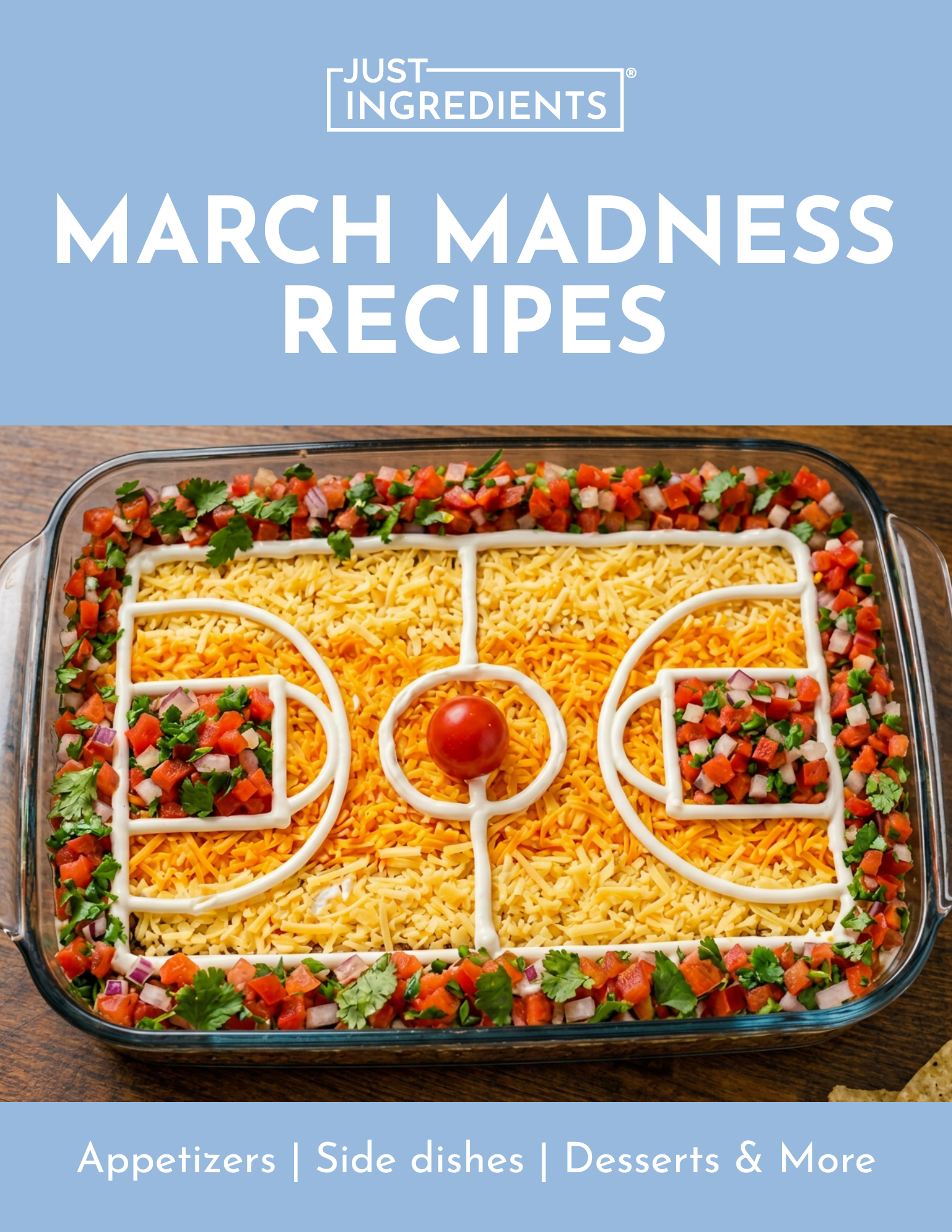 A layered dip resembling a basketball court, topped with cheese, tomatoes, and cilantro in a glass dish.
