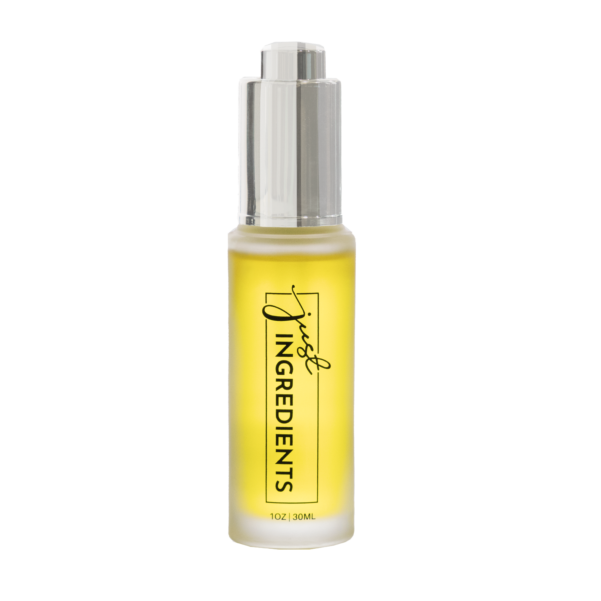 Clear glass bottle with a silver pump, containing yellow face serum labeled "just INGREDIENTS" and 1 oz. capacity.