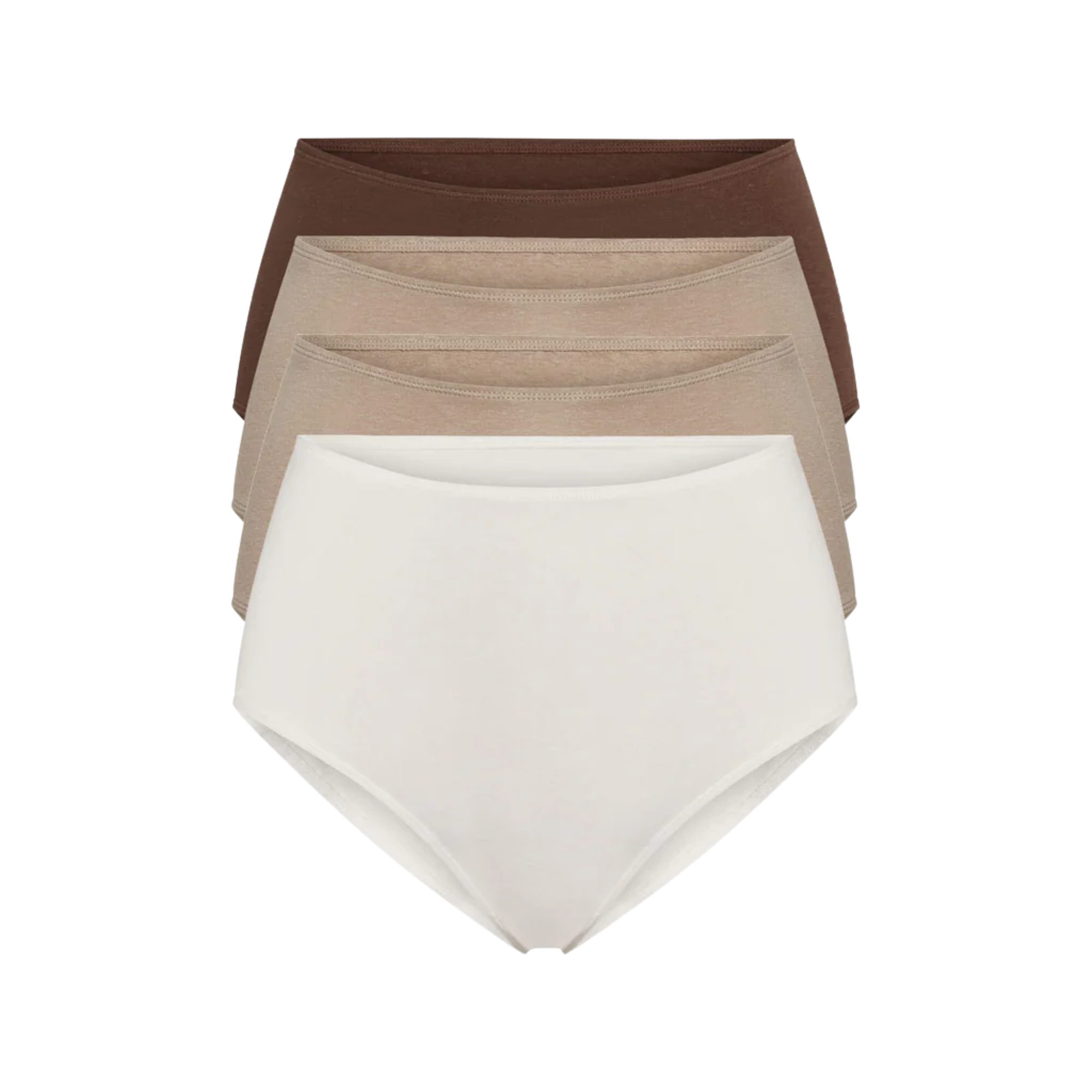A stack of four high-waisted briefs in different colors: white, beige, light brown, and dark brown, arranged in a fanned-out layout on a solid white background.