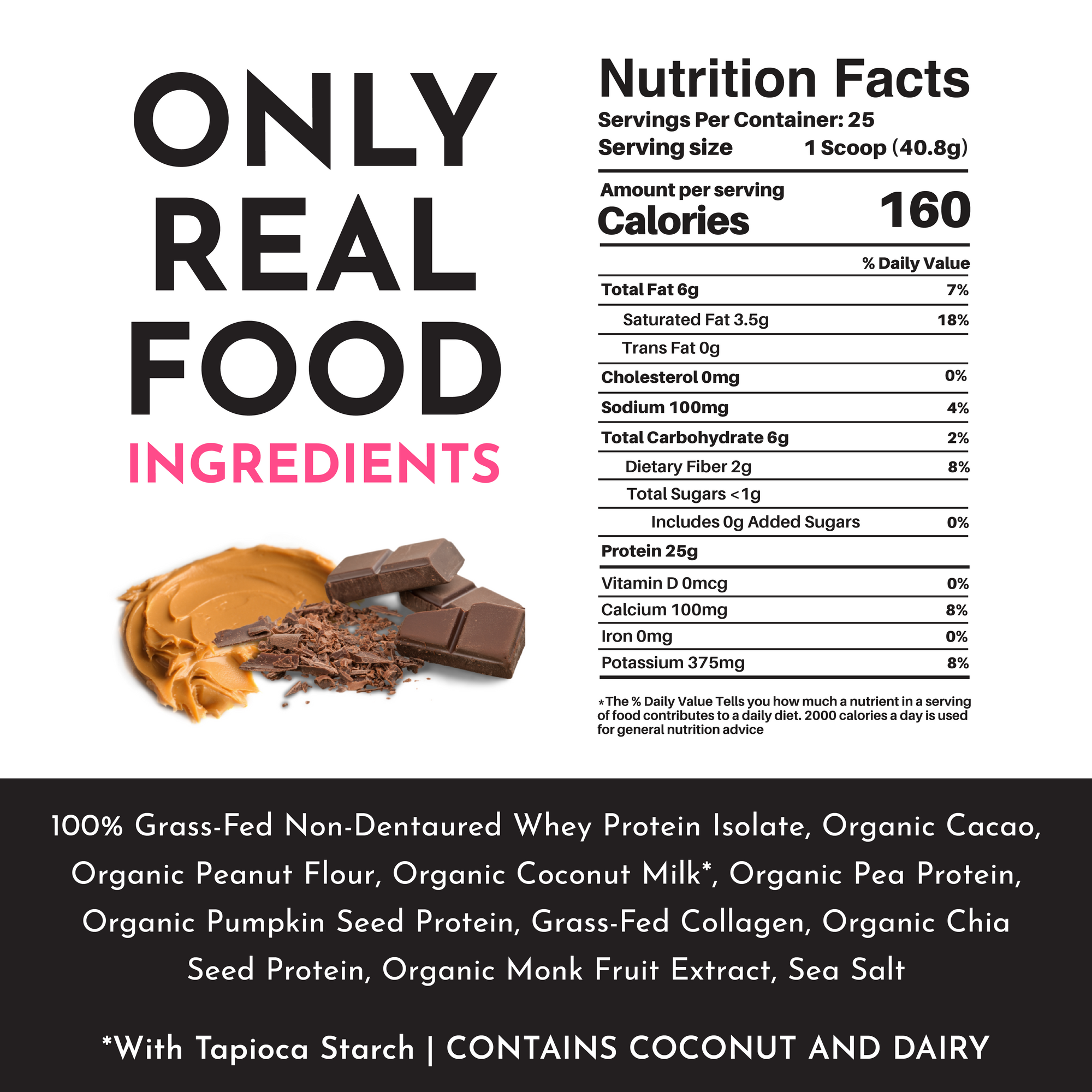 Nutrition facts label for creamy peanut butter chocolate protein powder, listing ingredients and serving information.