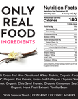 Nutrition facts label for Vanilla Bean Protein Powder, listing ingredients and nutritional information.