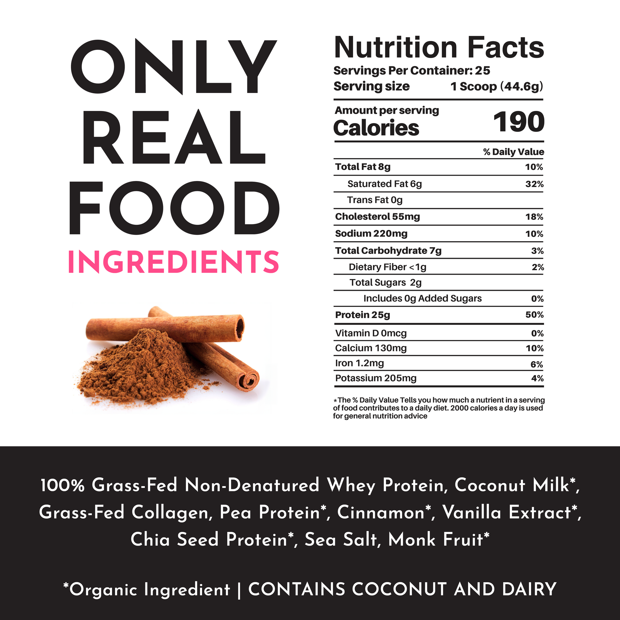 Nutrition facts label for Snickerdoodle protein powder, listing ingredients and nutritional information.