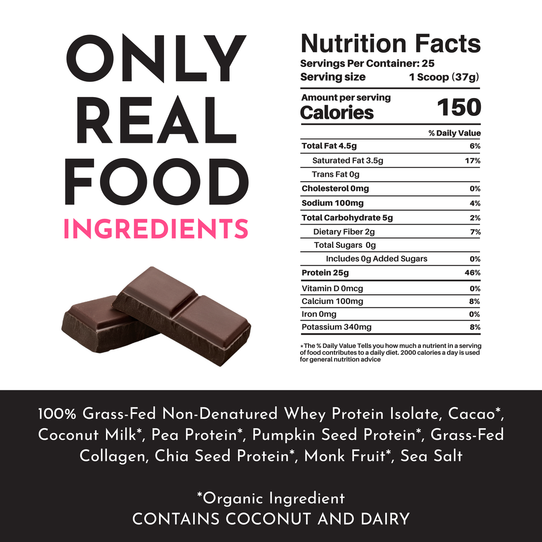 Nutrition facts and ingredient list for Chocolate Protein Powder highlighting organic ingredients and protein content.