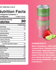 Nutrition facts label and can of Strawberry Limeade Sparkling Electrolytes with strawberries and lime slices.