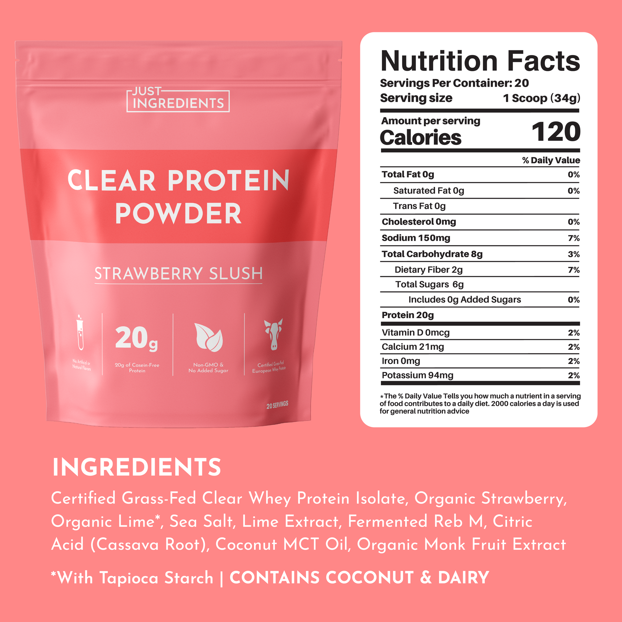 Pink packaging for Strawberry Slush Clear Protein Powder with nutrition facts and ingredient list displayed.