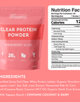 Pink packaging for Strawberry Slush Clear Protein Powder with nutrition facts and ingredient list displayed.