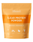 Orange packaging for clear protein powder labeled "Orange Creamsicle" with nutritional information and serving details.