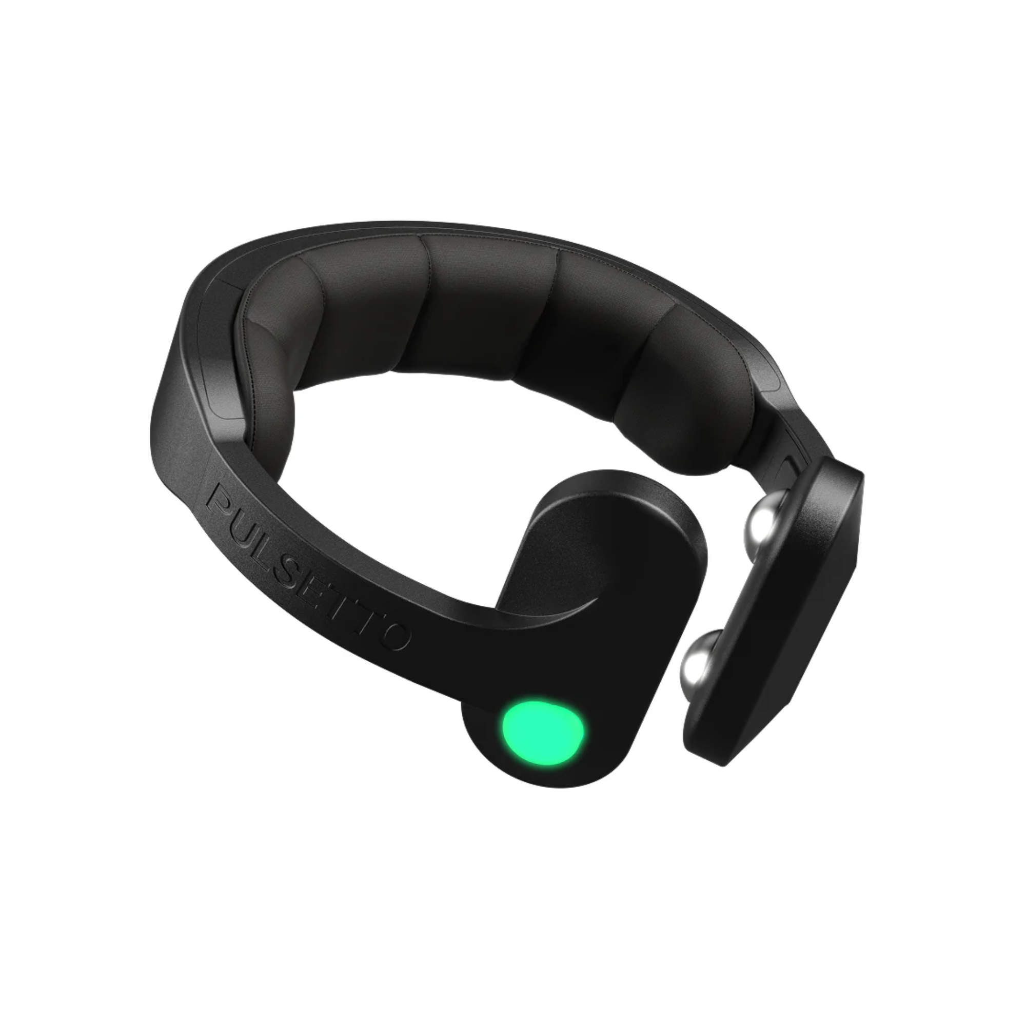 Black vagus nerve stimulator with a padded band and a green indicator light.