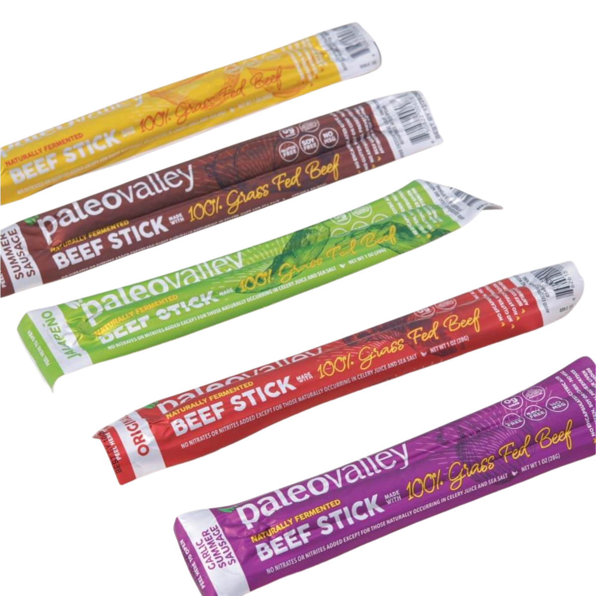 Five beef stick packages in various flavors, labeled "100% Grass Fed Beef" and "Naturally Fermented."