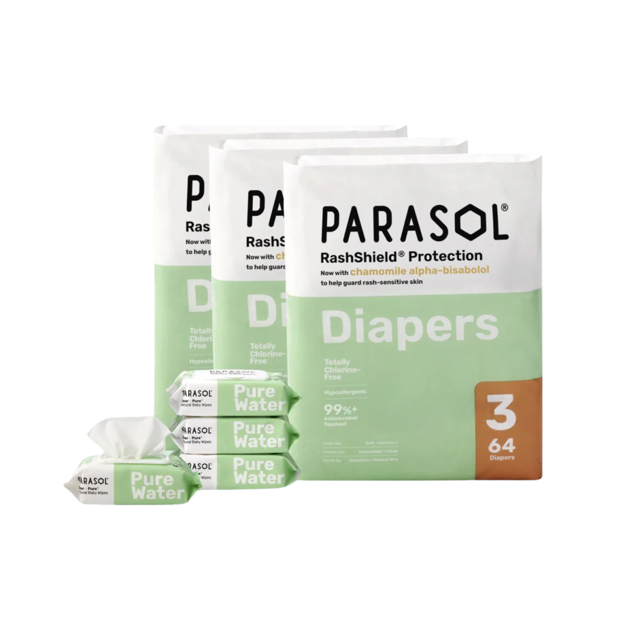 Parasol Diapers packaging with rash cream and wipes on a white background