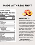 Halved peach with nutrition facts label and ingredients list for peach-flavored energy drink containing 15% juice.
