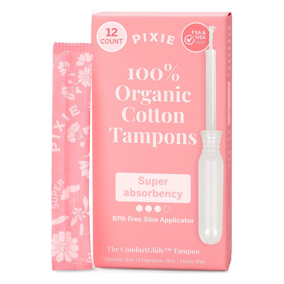 White background with pink organic tampons box