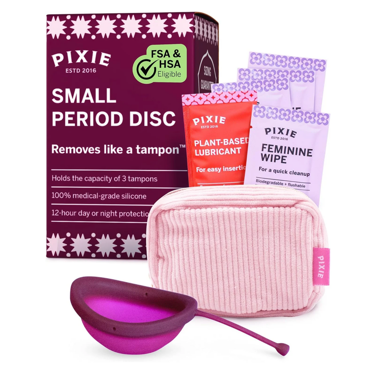White background with a dark purple box with a period disc and feminine wipes and lubricant