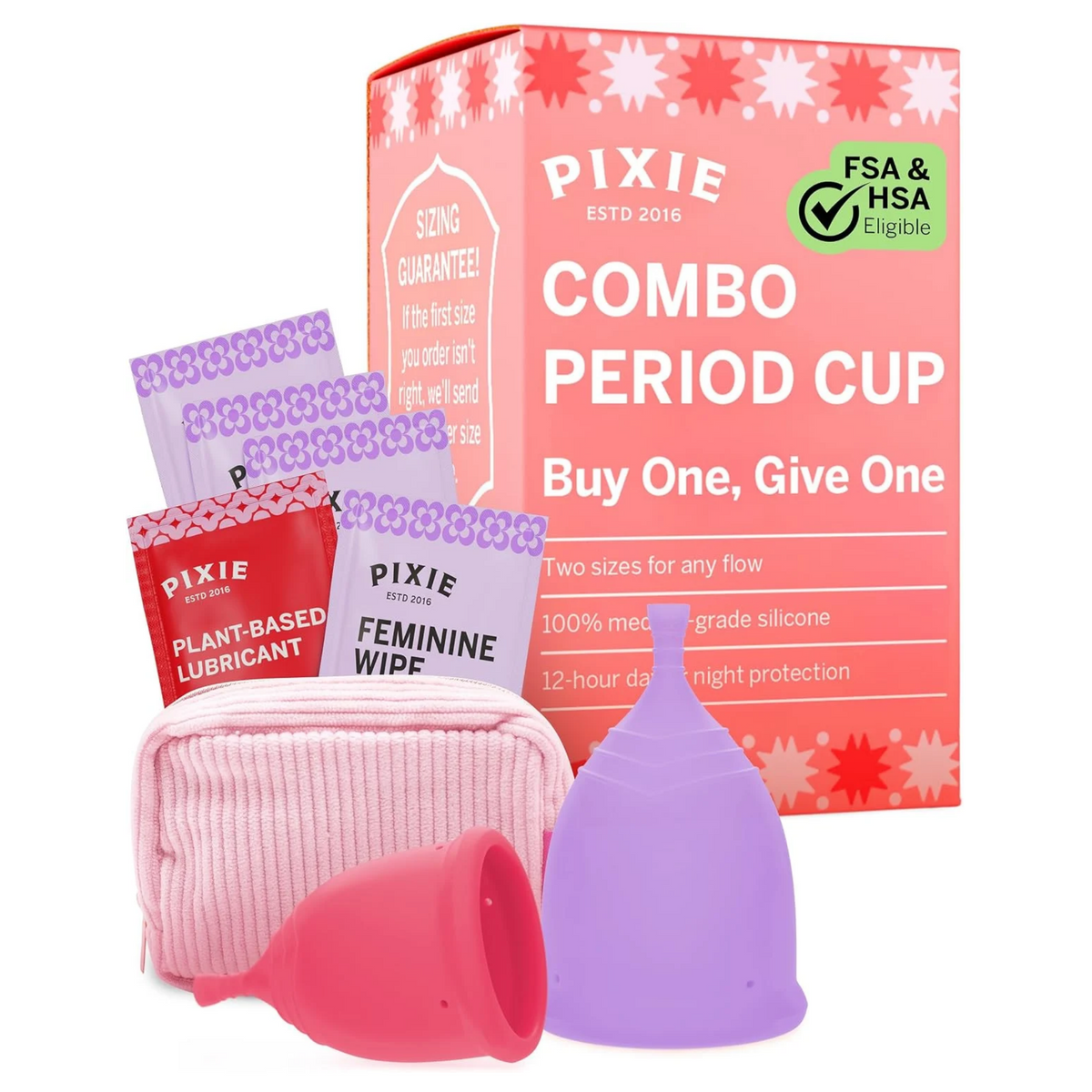 White background with light red box with feminine wipes and lubricant and a pink cup and a purple cup