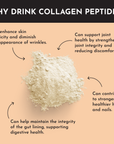 Collagen peptide powder on a light background with text highlighting its benefits for skin, joints, hair, and digestion.