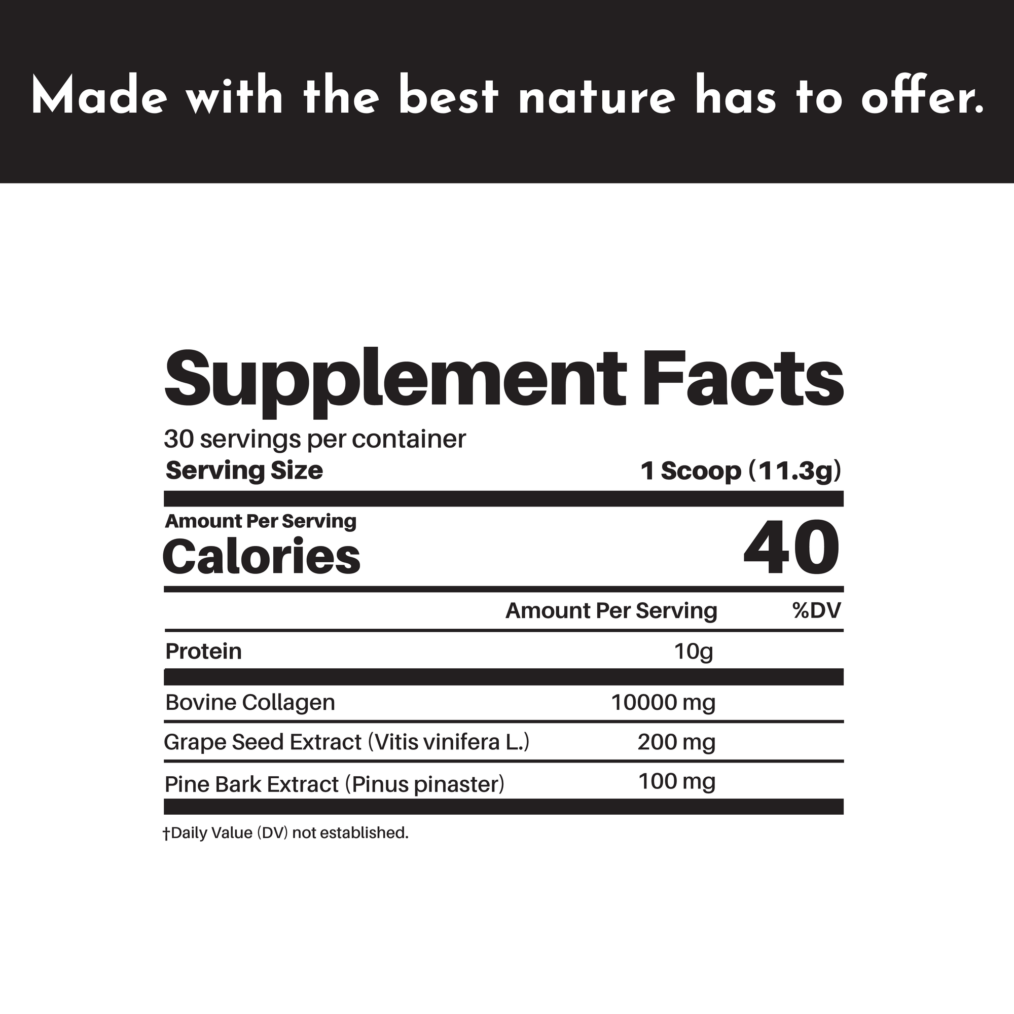 Supplement facts label detailing serving size, calories, protein, and ingredient amounts for collagen peptides.