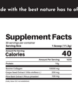 Supplement facts label detailing serving size, calories, protein, and ingredient amounts for collagen peptides.