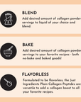 Instructions for using Plain Collagen Peptides: blend, bake, and flavorless versatility for recipes.
