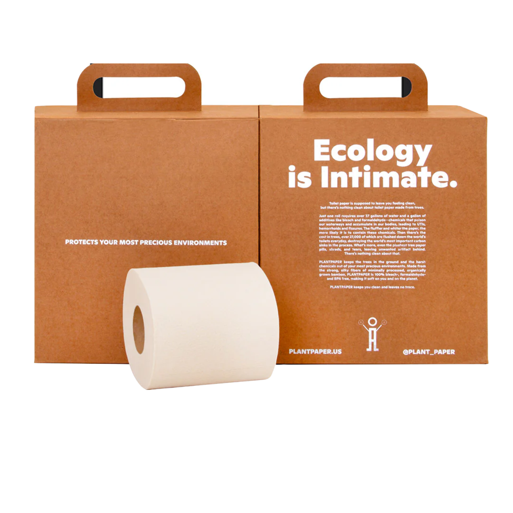 Two cardboard boxes and a roll of bamboo toilet paper