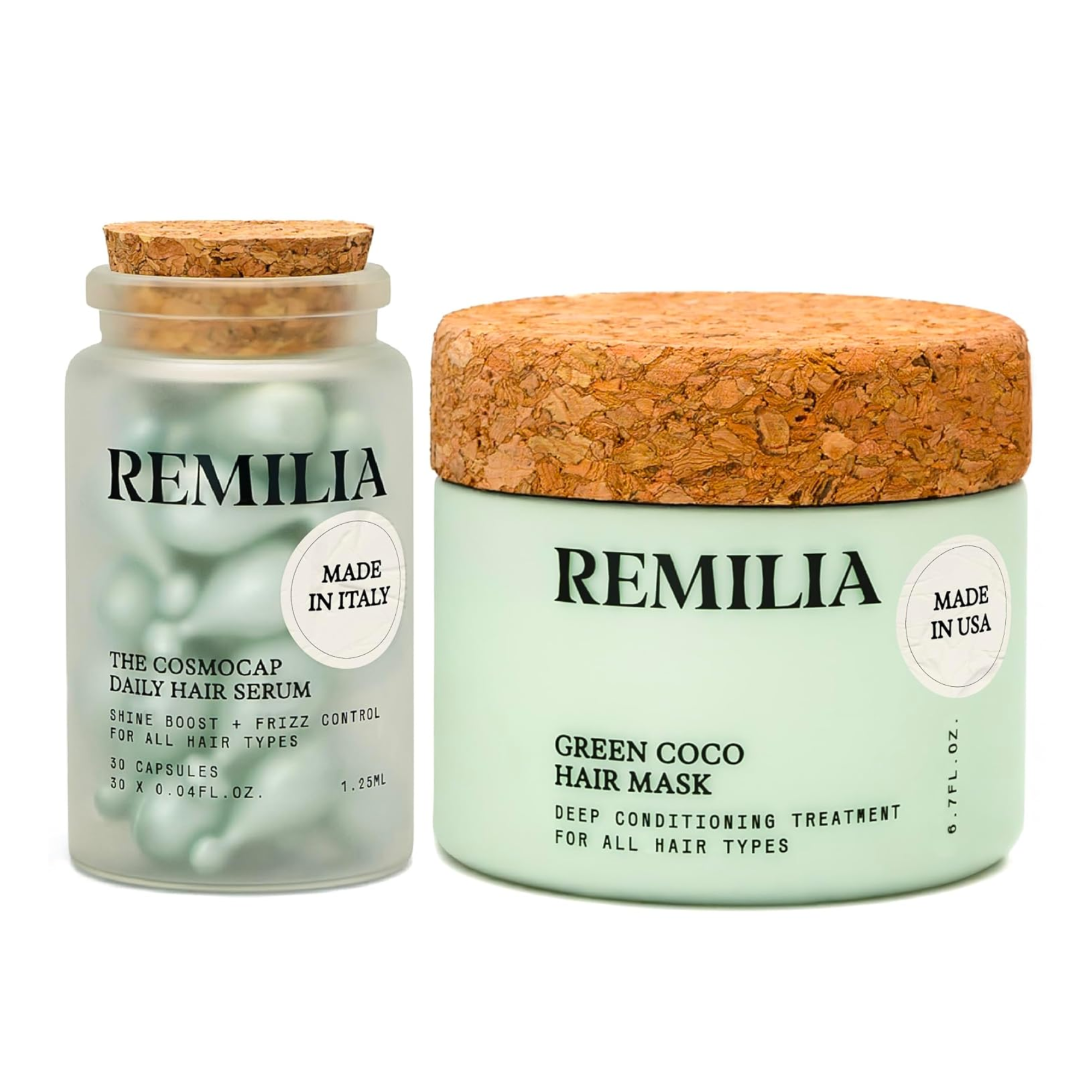 Hair serum in a glass bottle with capsules beside a green hair mask in a jar with a cork lid.